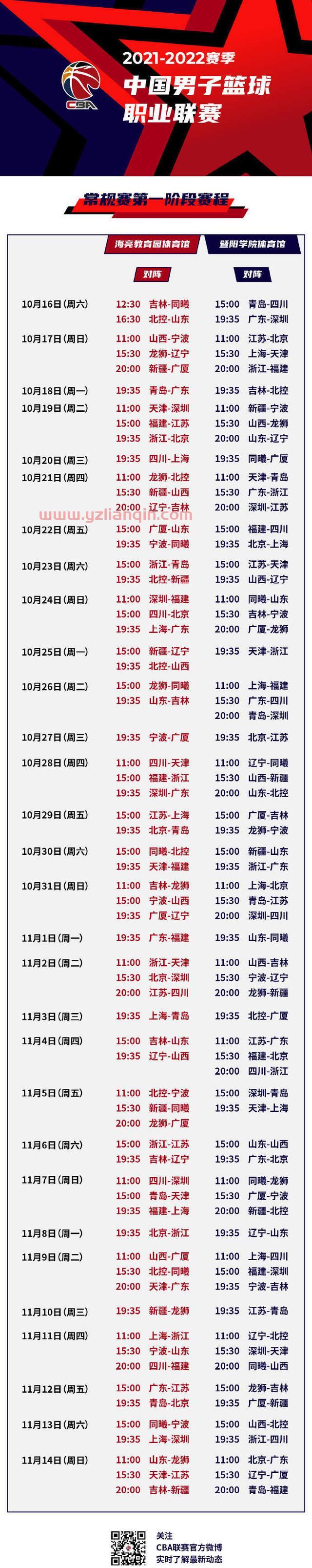 这里有一份新赛季CBA常规赛第一阶段完整赛程，请查收