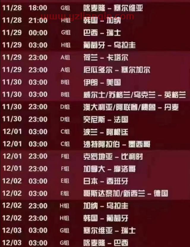 2022卡塔尔世界杯赛程